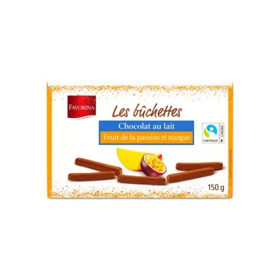 LF - Favorina melkchocoladerepen met passievrucht- en mangosmaak, 150 g, chockies group